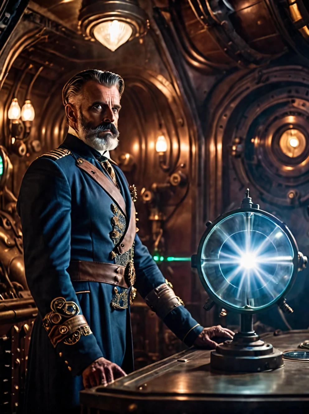 photo focus on male focus, indoors, realistic scenery, (captain nemo:1.1), retro-futuristic,  testing a laser , ray, beam,  steampunk nautilus-style. very wide shot, character photo landscape, film, professional, 4k