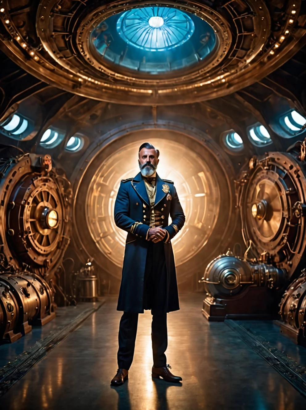 photo focus on male focus, indoors, realistic scenery, (captain nemo:1.1), retro-futuristic,  testing a laser , ray, beam,  steampunk nautilus-style. very wide shot, character photo landscape, film, professional, 4k