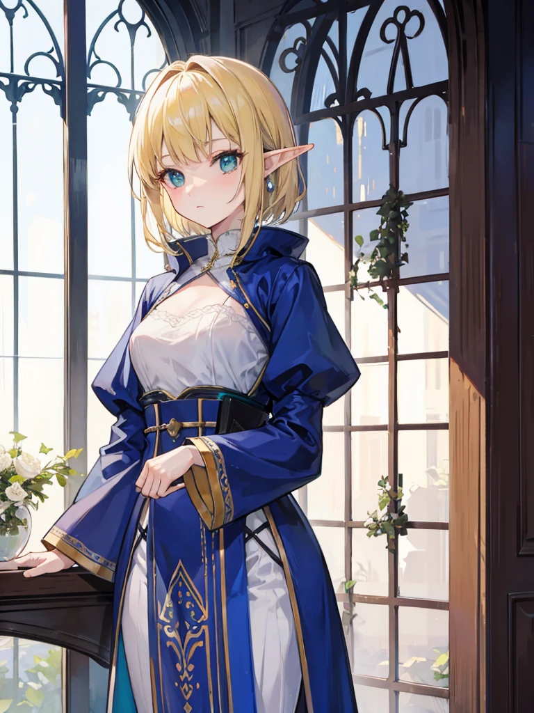 A woman elf with fair skin and short blonde hair. She have green eyes and wear the clothes of a medieval noblewoman. Holding a claymore