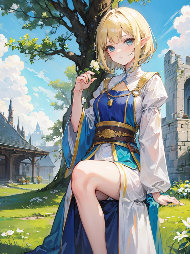 A woman elf with fair skin and short blonde hair. She have green eyes and wear the clothes of a medieval noblewoman. Holding a claymore