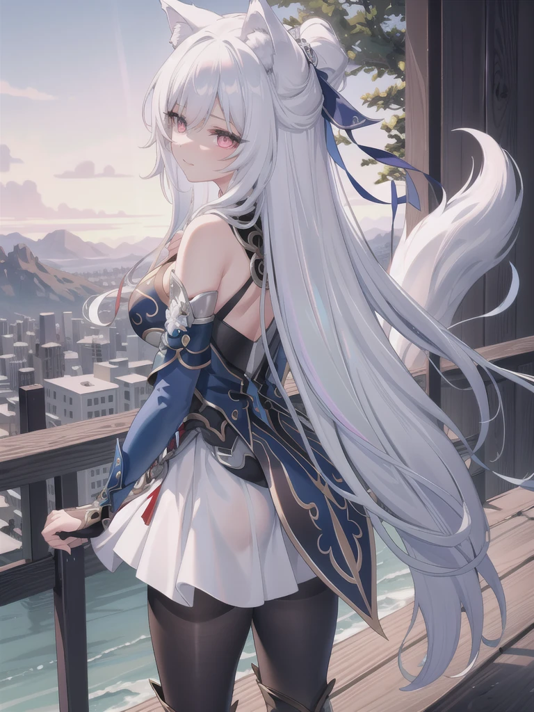 (extremely detailed CG, best qualityer:1.1), 1 girl, face perfect, shiny pupils, (beautiful finely detailed eyes:1.1), ((wolf ear)), ((Wolf tail)), with his back looking at the landscape from the top of the mountain, Broad Hips, narrow waisted, beautiful smile, tissue, printed pantyhose, pom pom (badass clothing), duffel bag, boots with leather trim, elbow gloves, bottom-up view