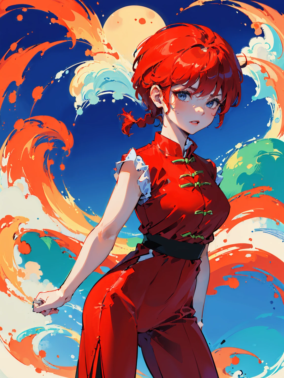 ((masterpiece:1.4)), expensive quality, very_expensive_solve, big_file size, Full Color, Thick outline, Clear contours, colorful, (Beautiful fine details, Are thin:1.4), ((Beautiful Face:1.0)), ((Boyish face:1.4)), 1 girl, (Ranma), (Redhead), short hair, (Braided Ponytail), ((bangs)), bumpy bangs, Blue-gray eyes, Big Breasts, Curvy, Ranma, Braided Ponytail, (Red Chinese Clothing, Short sleeves in red), No sleeve, Tangzhuang, (Black trousers), Are standing, ((, Are thin:1.4)), ((from the front:1.4)), Are thin:1.4

