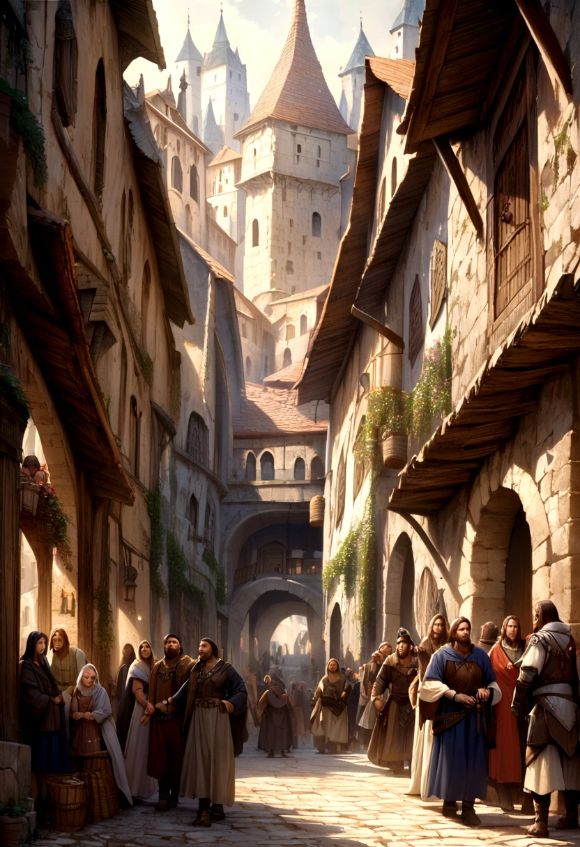 (best quality:1.2),  (Realistic:1.5) medieval fantasy city street, majestic byzantine inspired architecture, crowded