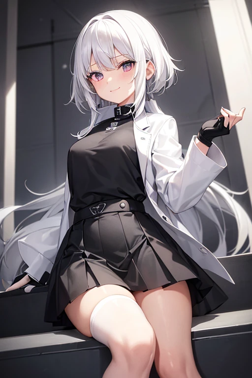older girl, White hair, silver eyes, calm smile, White jacket, black shirt, short black skirt, white sports shoes, black knuckleless gloves, black transparent white stockings.