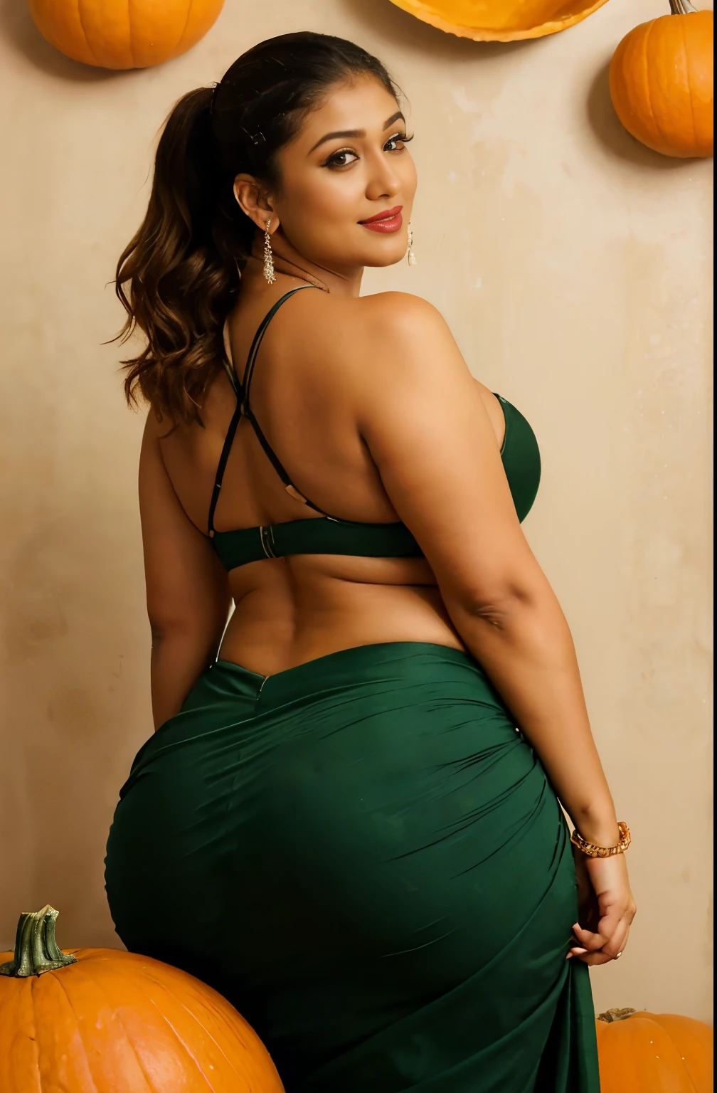 extreme close up photo of back of naked 30 years old naked nayanthara lying on big pumpkins with wide open spread ass anal from top view, hourglass figure, swooping breasts, deep cleavage, curvy, armpits, seductive eyes, ass, look at viewer lusciously, subtle smile, erotic standing having sex with big pumpkins with wide open spread legs, green vintage Saree, red lips, sultry, ponytail, 4K, HD