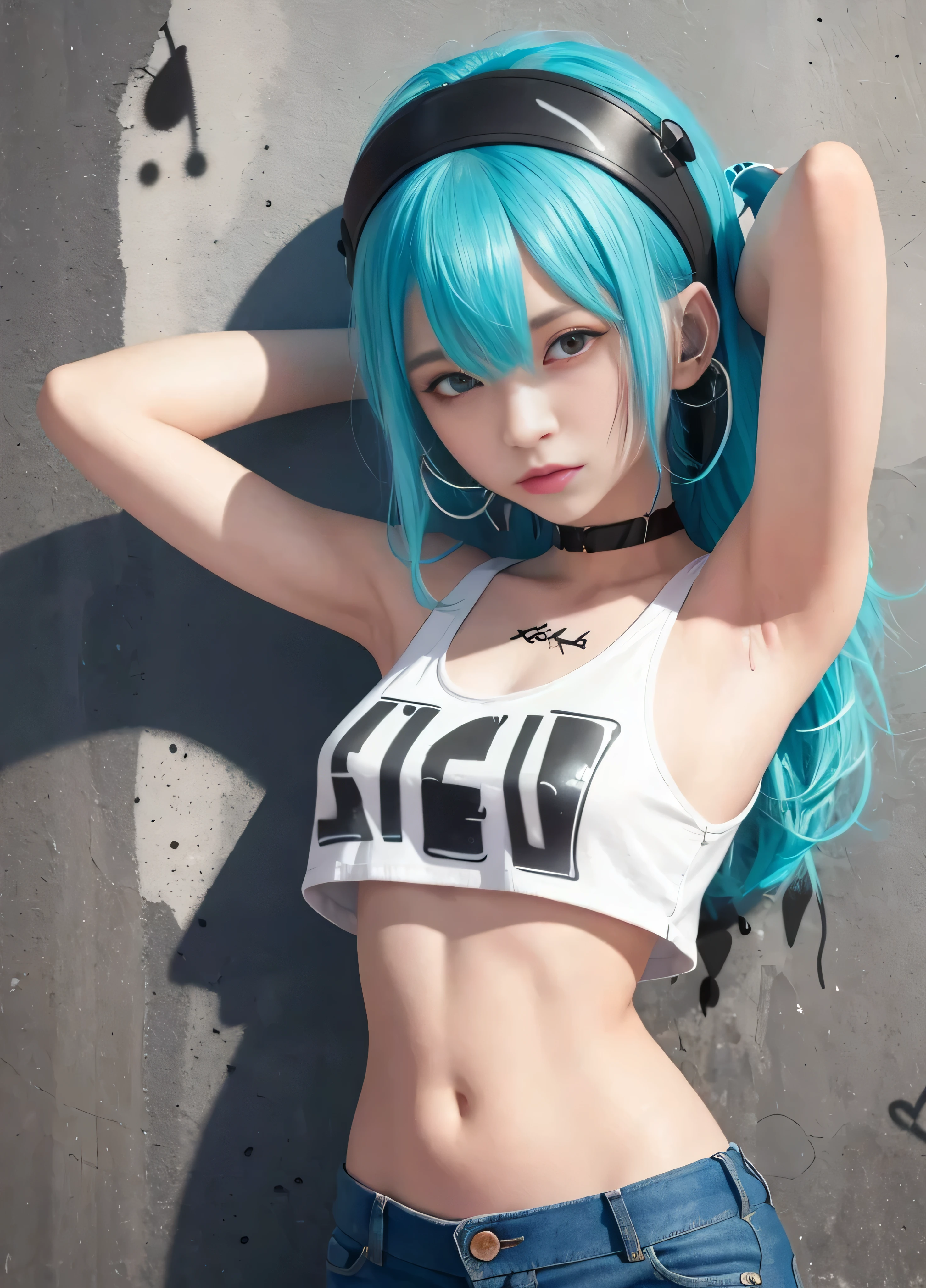 (Raw quality:1.4)、masterpiece, Highest quality, 1 Girl, solo, Crop top, Low-rise denim shorts, Rawhide with 20 cm below the navel exposed, pores, choker, (graffiti:1.5), Paint Splatter, Arms behind back, Hitting a wall, View your viewers, Thigh bandana, Body Paint, Head tilt, boredom, Multicolored Hair, Aqua Eye, headset,