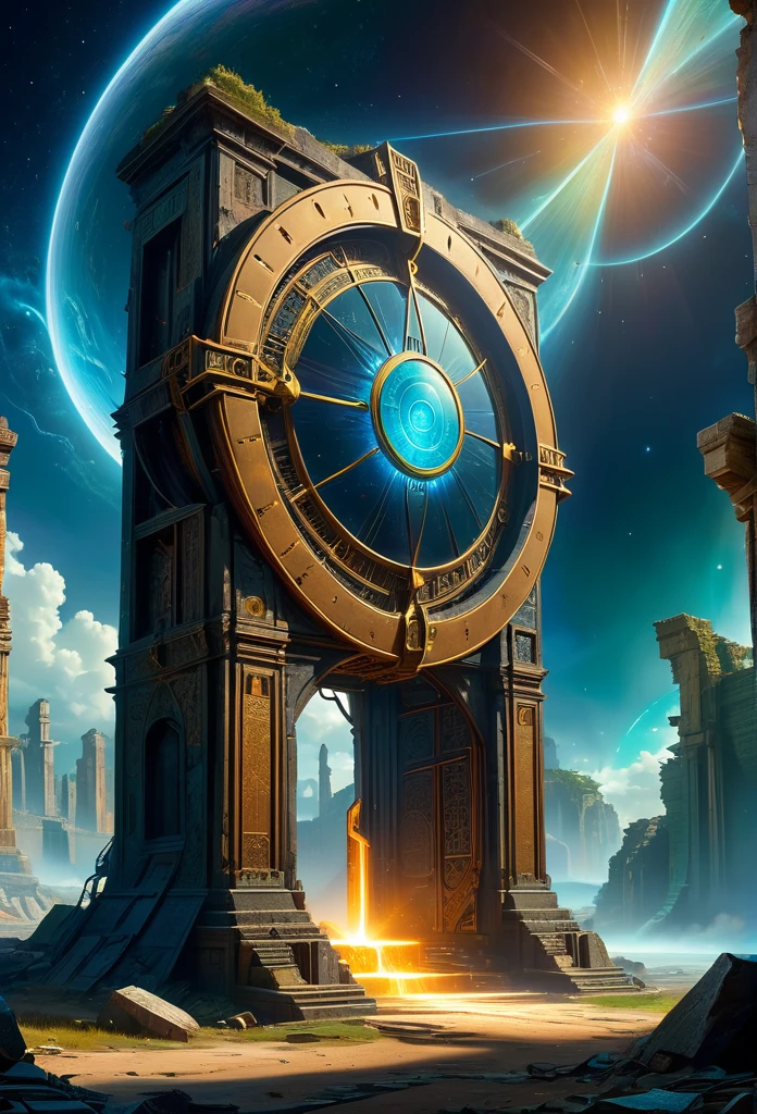 ((A Forgotten Time Gate:1.5)),(A device that travels through time and space in ruins),Alien space,best quality,8K,high resolution,masterpiece:1.2,Super detailed,HDR ,ultra high definition,Studio lighting,Super fine,sharp focus,Physical rendering,Extremely detailed description,major,Bright colors,blur background,fantasy illustrations,surreal,concept art,The art of math,Intricate details,gorgeous,geometry,abstract,symbolism、Mysteries、mystery、Time travel、doorways、portal、Forgotten、ruins、interdimensional、otherworldly、universe、universal、Abundant radiation、Energetic、prismastic