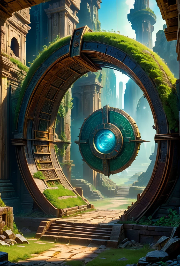 ((A Forgotten Time Gate:1.5)),(A device that travels through time and space in ruins),Alien space,best quality,8K,high resolution,masterpiece:1.2,Super detailed,HDR ,ultra high definition,Studio lighting,Super fine,sharp focus,Physical rendering,Extremely detailed description,major,Bright colors,blur background,fantasy illustrations,surreal,concept art,The art of math,Intricate details,gorgeous,geometry,abstract,symbolism、Mysteries、mystery、Time travel、doorways、portal、Forgotten、ruins、interdimensional、otherworldly、universe、universal、Abundant radiation、Energetic、prismastic