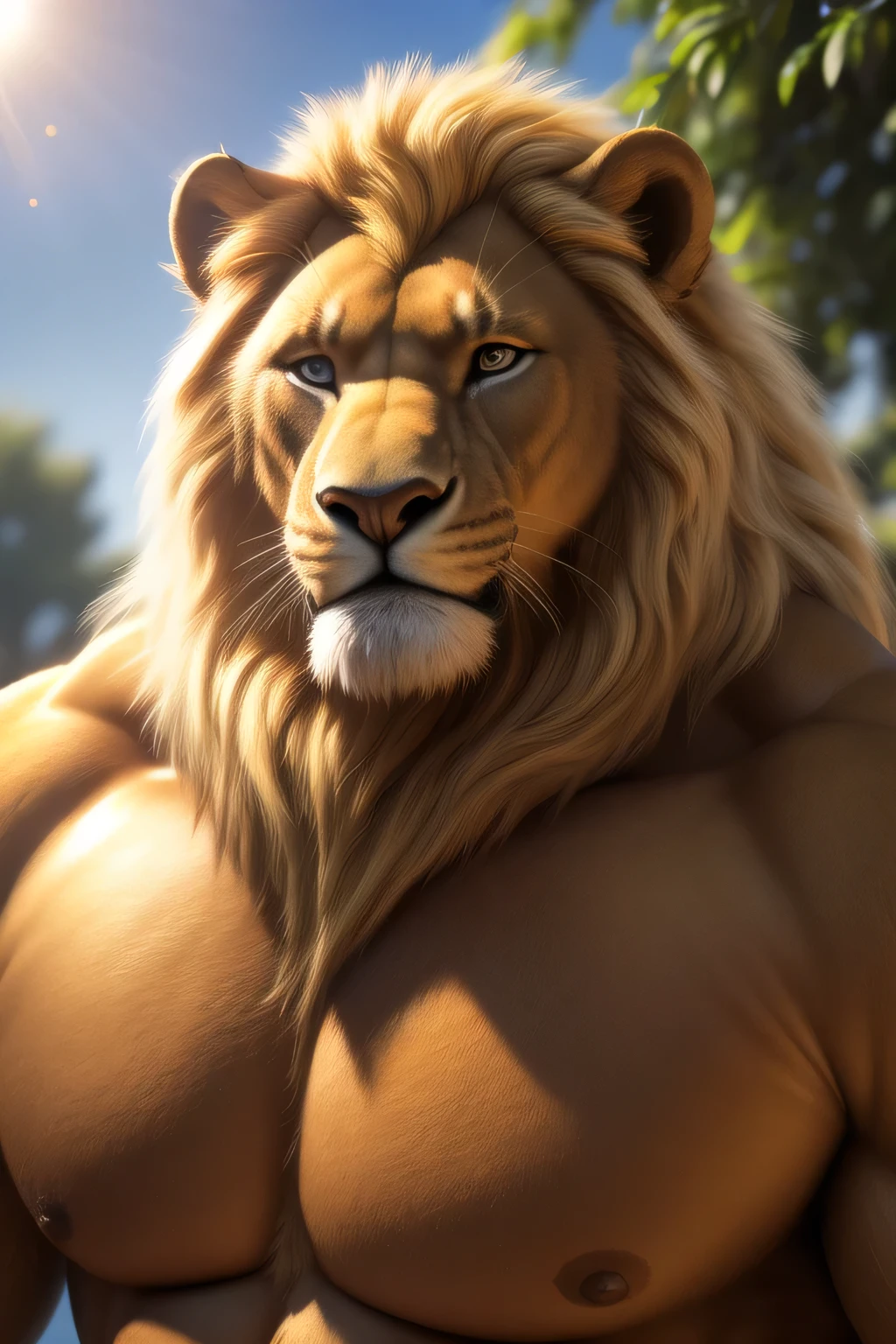 a male lion with a long flowing blonde mane, long and thick fur, beautiful detailed eyes, massive and obese body, big belly, fat belly, muscular arm, muscular pectorals, in a garden, , portrait, big smile, paw in front of the face to hide the eyes from the sun, (best quality,8k,highres,masterpiece:1.2),ultra-detailed,(realistic,photorealistic,photo-realistic:1.37),HDR,UHD,studio lighting,ultra-fine painting,sharp focus,physically-based rendering,extreme detail description,professional,vivid colors,bokeh,cinematic,extremely detailed eyes and face, correct 