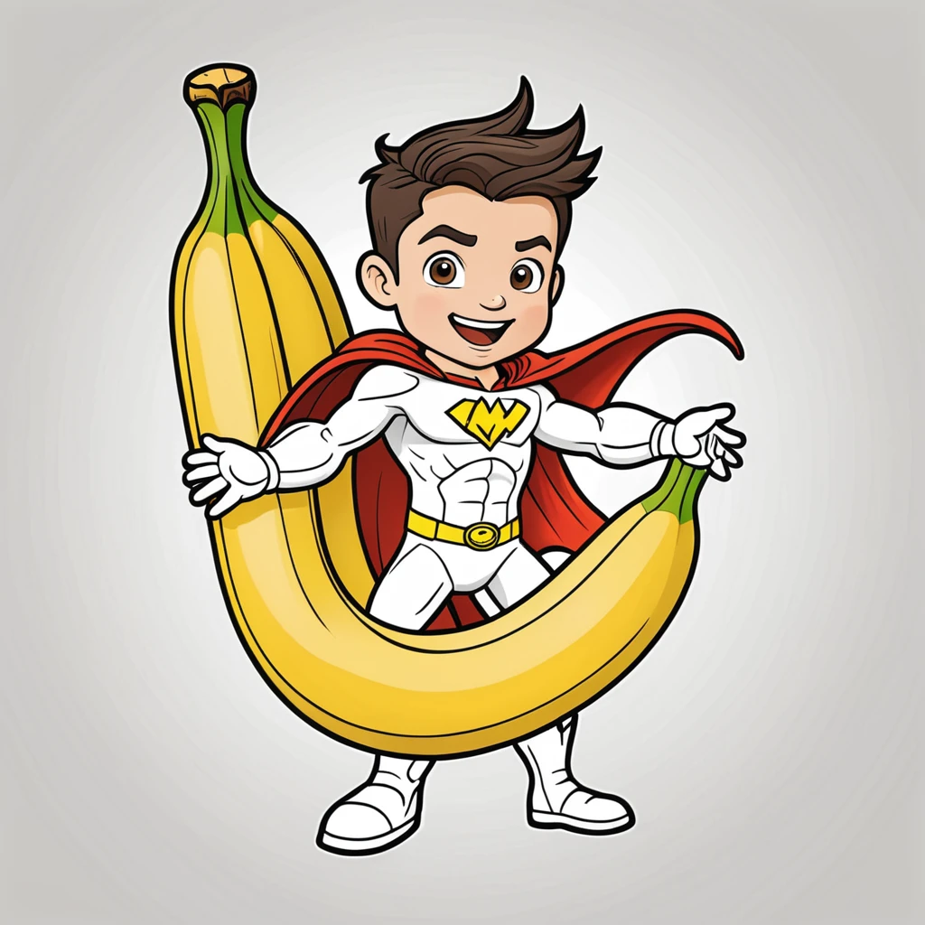 Children's cartoon super hero in banana style. Children's coloring illustration. Black outline and white background. 