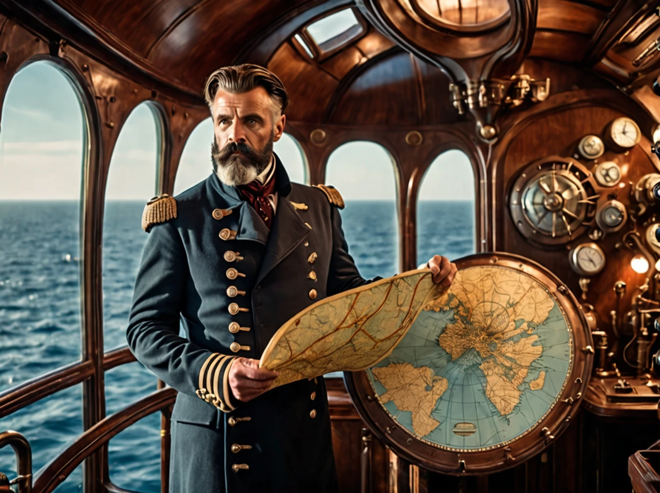 photo focus on male focus, indoors, realistic scenery, (captain nemo:1.1), retro-futuristic,  looking at a map, ocean map, steampunk nautilus-style. very wide shot, character photo landscape, film, professional, 4k