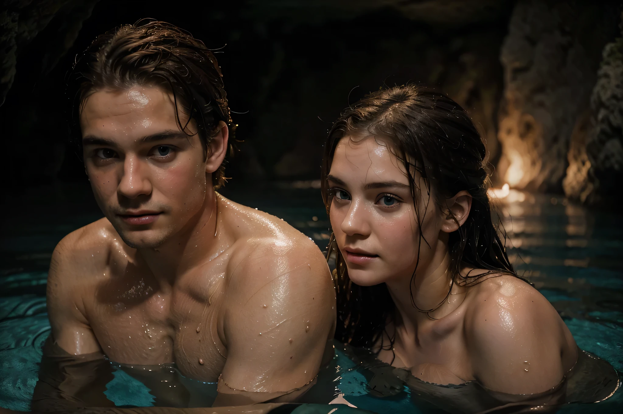 young white guy holding young white female, in a cave air pocket above an underground river, shoulders and above out of the water, no sunlight, no surface vegetation, iridescent glowing fungi lighting, realistic, hyper realistic, photo realistic, beautiful faces, nordic faces, detailed eyes, close-up, intimate, romantic mood, out of breath, relieved expressions, looking at each other, wet hair, wet bodies from swimming