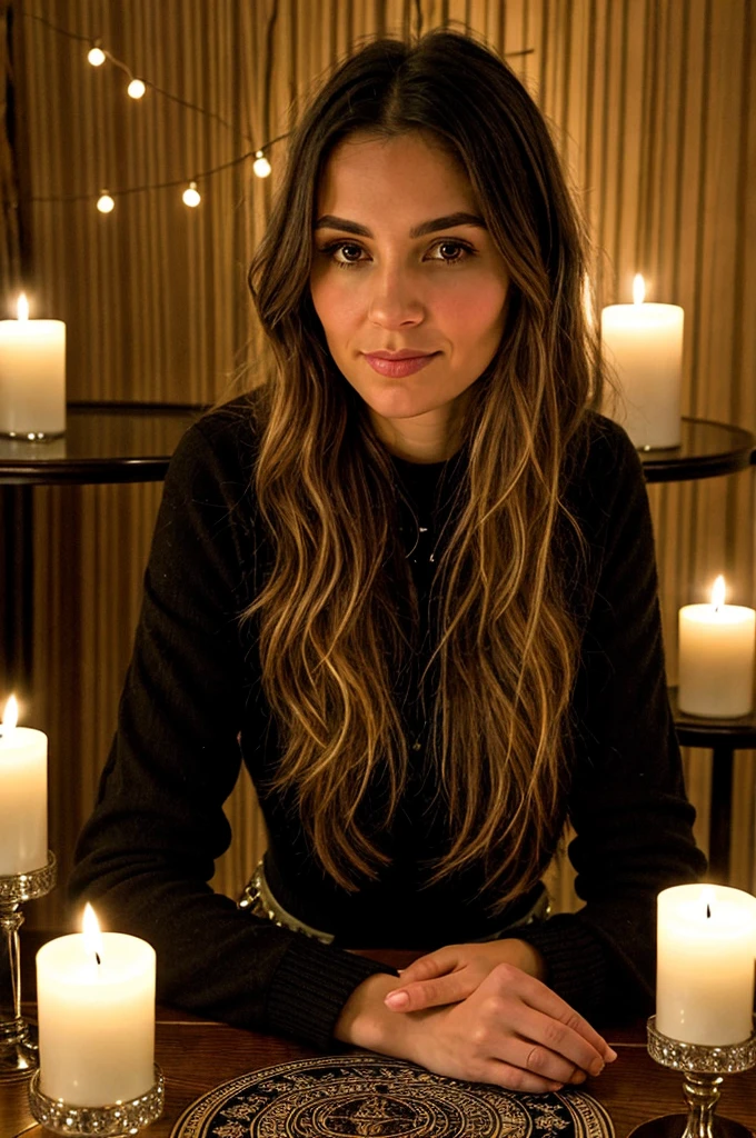 A realistic portrait of a 35-year-old female tarot reader. She is sitting at a table adorned with tarot cards, crystals, and sparkling candles, looking directly at the camera with a confident and mysterious expression. The scene is illuminated by a bright light in the background with a light wall in the background, adding a touch of magic and enchantment to the atmosphere. The lighting highlights the details in her face, the textures of the table items, and creates a warm, inviting glow in the setting.