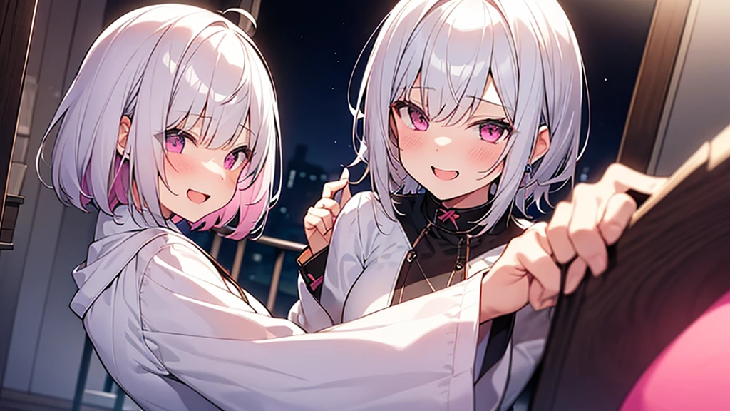 White Hair Girl、Pink Eyes、Short Hair、Only one girl、Night、In the bedroom、Blushing、laughing、Excited、Just One
