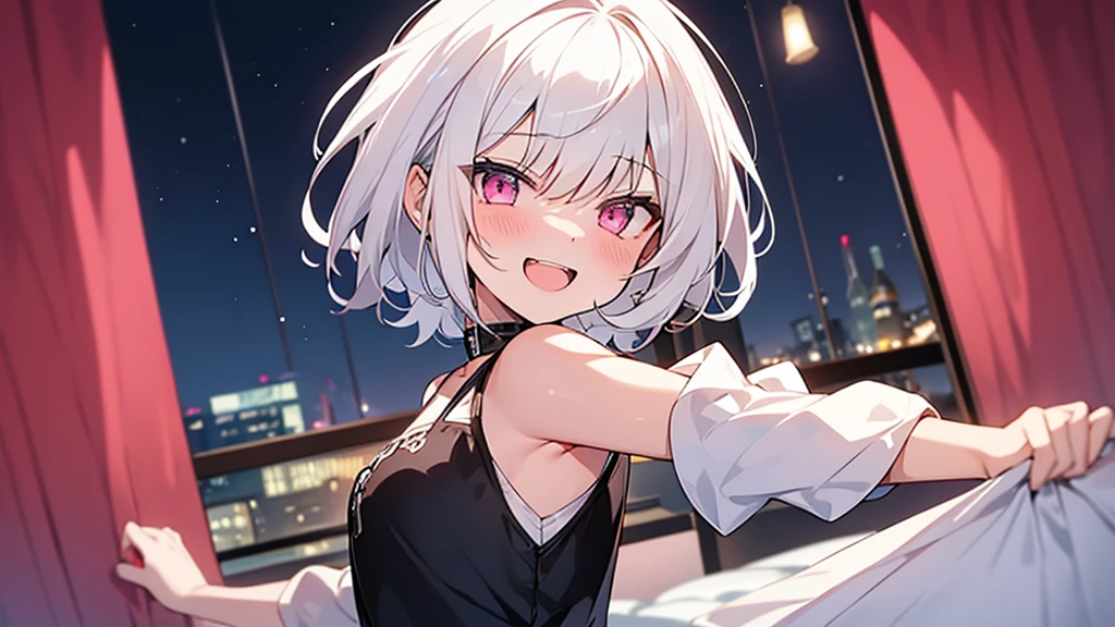 White Hair Girl、Pink Eyes、Short Hair、Only one girl、Night、In the bedroom、Blushing、laughing、Excited、Just One