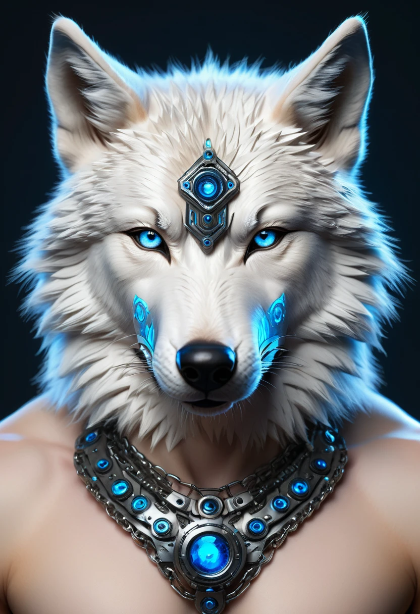 High quality, Extremely detailed, Realistic, upper body, (furry) ((Wolf)) male, blue eyes, symmetrical perfect face fine detail, cyber fashion