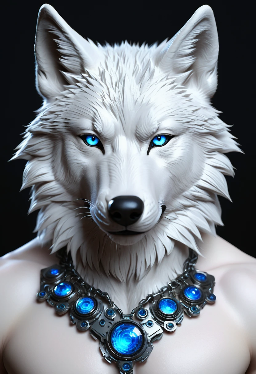 High quality, Extremely detailed, Realistic, upper body, (furry) ((Wolf)) male, blue eyes, symmetrical perfect face fine detail, cyber fashion