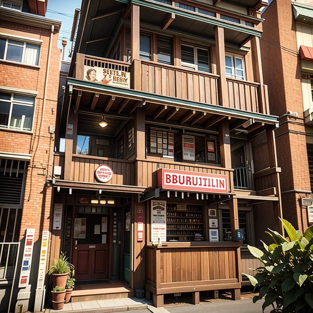 Very old country Australian pub, red brick, double story, white balcony made of slats, beer advertising signs on the sides, 