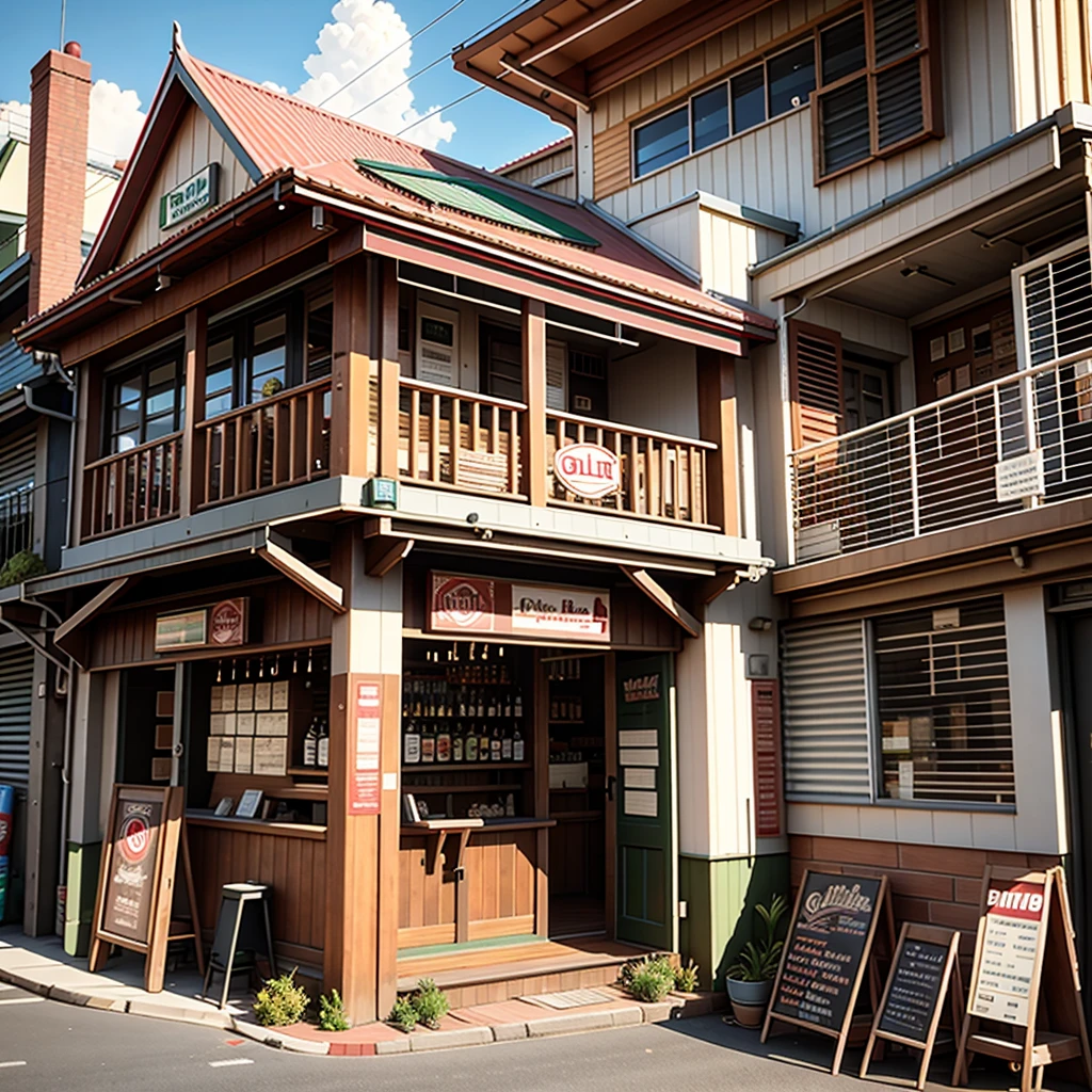 Very old country Australian pub, red brick, double story, white balcony made of slats, beer advertising signs on the sides,