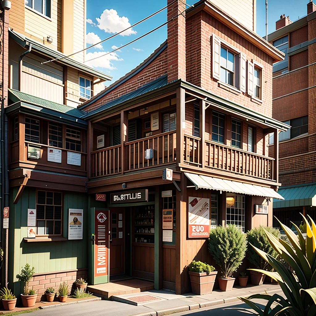 Very old country Australian pub, red brick, double story, white balcony made of slats, beer advertising signs on the sides, 