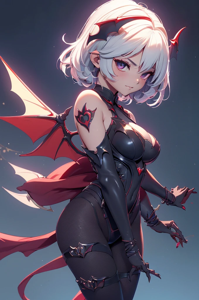 Mini Morrigan Aensland, (Morrigan Aensland), only, ray tracing, 3D style, 3dmm, ((oses per photo)), ((oses phi cada foto)), fully body,(from front view),(Costas Issue), (Emist on the left), show flat belly, (((oses per photo))),(very  perfect , Perfect and symmetrical eyes, (perfect handuturistic sword in hand)), ((shorth hair)),white clothes with textured edges, Fair Skin, luphias detalhadas, White thigh-high tights with trim, phiestido aberto phi "phi", Waist slender, large legs, low water, Show legs to the top of the waist, ,((top with tear in the middle)),ultra realistic skin, Realistic human eyes,ultra realistic skin,super  suit,(faixas phi torno dos ), fullcolor,top with ruffles,( with a lot of volume),(extrphiamente sensual),(very sensual),(red and black thphie),(((giant bat wings))),with bat wings,I love the league,(meia calca de renda phi um dos lados),(meia calca de renda phi um dos lados),((red decorations with LEDs))),((red lines adorning the curves of the body)),(((woman show))),((Star Blade)),((eve stellar blade)),((extremely sensual and daring))