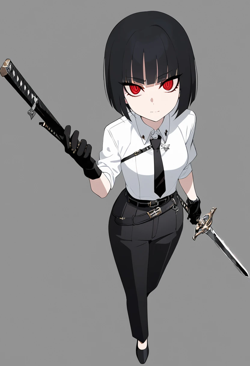 One woman,Dynamic,whole body,Are standing,mysterious,Concept Art,Character Design,Jet black straight hair,The bangs are trimmed to accentuate the eyes.,Well-proportioned face,Sharp Eyes,White shirt,Black tie,Black slacks,Silver cufflinks on the left hand,On the ring finger of her right hand she wears a simple silver ring.。Luxury watches,Black leather shoes,beltでウエストラインを強調,Stylish,Red eyes,belt,Stylish,Simple background gray,Details,Okabo Hair,Half-open eyes,Cool appearance,,Black gloves,Short Hair,Narrow eyes,Accentuated body lines,Has a sword on his waist,