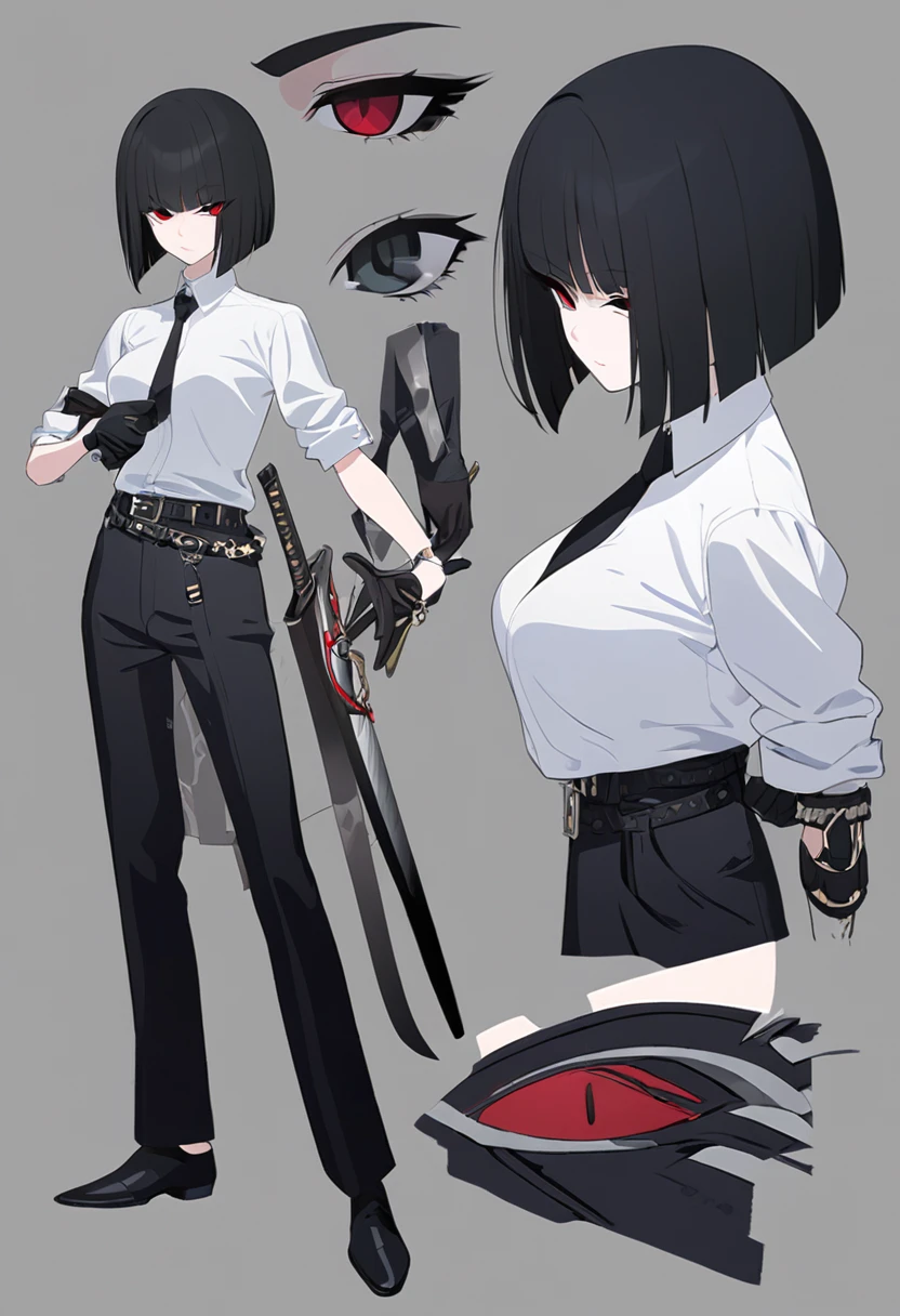 One woman,Dynamic,whole body,Are standing,mysterious,Concept Art,Character Design,Jet black straight hair,The bangs are trimmed to accentuate the eyes.,Well-proportioned face,Sharp Eyes,White shirt,Black tie,Black slacks,Silver cufflinks on the left hand,On the ring finger of her right hand she wears a simple silver ring.。Luxury watches,Black leather shoes,beltでウエストラインを強調,Stylish,Red eyes,belt,Stylish,Simple background gray,Details,Okabo Hair,Half-open eyes,Cool appearance,,Black gloves,Short Hair,Narrow eyes,Accentuated body lines,Has a sword on his waist,