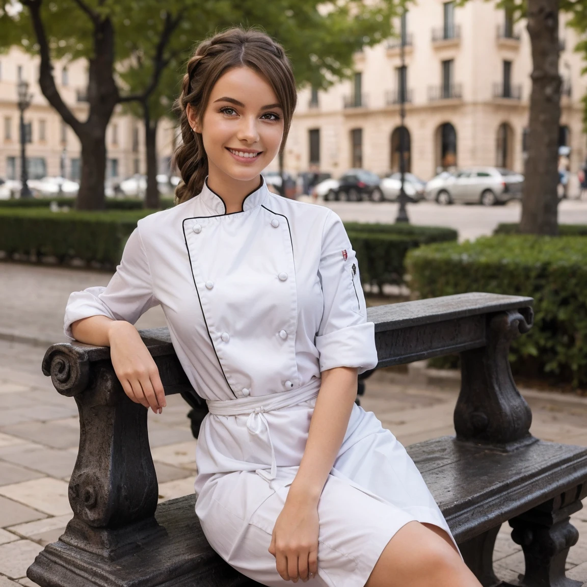 femme de 22 ans , elégante qui atire l'oeil , assie sur un banc a madrid espagne , tenue de luxe , cheveux brune , yeux marron , french braid , se maquiller , sourire , 85 millimètres, chanoine, F/1.2, UHD, anatomiquement correct, chef-d&#39;œuvre, Peau texturée, super détail, détails élevés, haute qualité, primé, meilleure qualité, haute résolution, 8k, Arrière-plan flou, Light at the beginning oF the day, (Marilyn Monroe:0.8)