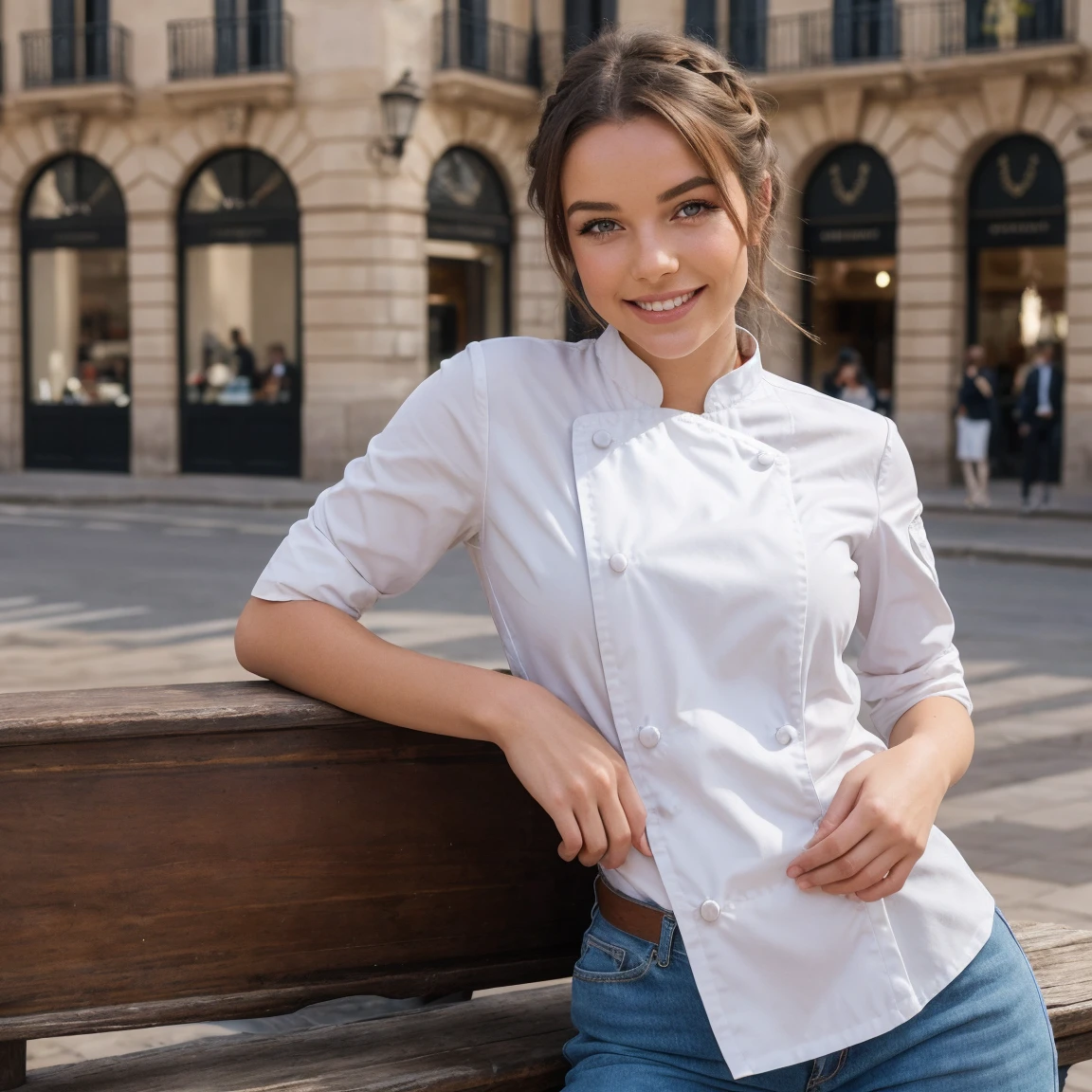femme de 22 ans , elégante qui atire l'oeil , assie sur un banc a madrid espagne , tenue de luxe , cheveux brune , yeux marron , french braid , se maquiller , sourire , 85 millimètres, chanoine, F/1.2, UHD, anatomiquement correct, chef-d&#39;œuvre, Peau texturée, super détail, détails élevés, haute qualité, primé, meilleure qualité, haute résolution, 8k, Arrière-plan flou, Light at the beginning oF the day, (Marilyn Monroe:0.8)