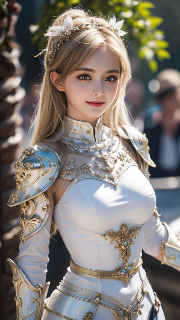 A stunning 4k masterpiece of an 18-year-old Italian girl, clad in intricately detailed white armor, with a seductive and captivating smile that will leave you breathless.