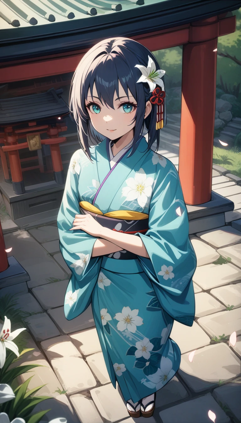 1girl in, Solo, From above, (White lily flowers), Aesthetic, Convoluted, Best Quality, Detailed background, Sayaka Miki, ((Girl in patterned teal kimono:1.2)), (Walk through the Zen Garden), Casual pose, Detailed textures, Posing, with floral pattern, Hair Flower, Hair Ornament, komono, Kimono, Obi, Outdoors, pagoda, flower petals, (Teal kimono), sash, shrines, skyporn, stone stairs, torii, Wide sleeves, Yukata,