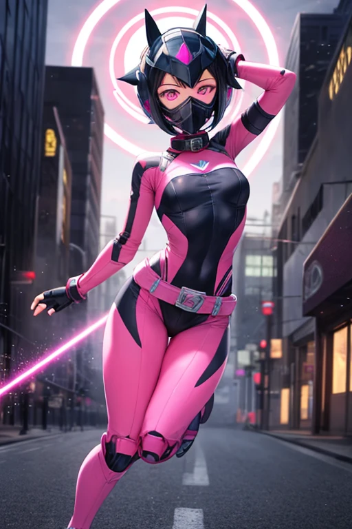 ((best quality)), ((masterpiece)), (detailed), 1 girl, full body, 20s, masked, black mask covering her entire head, smooth head, biker helmet, blue ears on her helmet, short hair sticking out of her helmet, 1 small crest on her head, oxygen mask, gas mask, bare face, black collar, tall and thin, very athletic, circles on her wrists, pink details, black fingerless gloves, pink wristbands, nanotech speedster suit that resembles light armor, blue chest with an emblem, blue chest, black suit, pink lines, pink speed emblem on her chest, pink emblem, blue pants, gray knee pads, metallic pink boots, white superhero belt, running through the city, pink light trail, laser, city background, anime