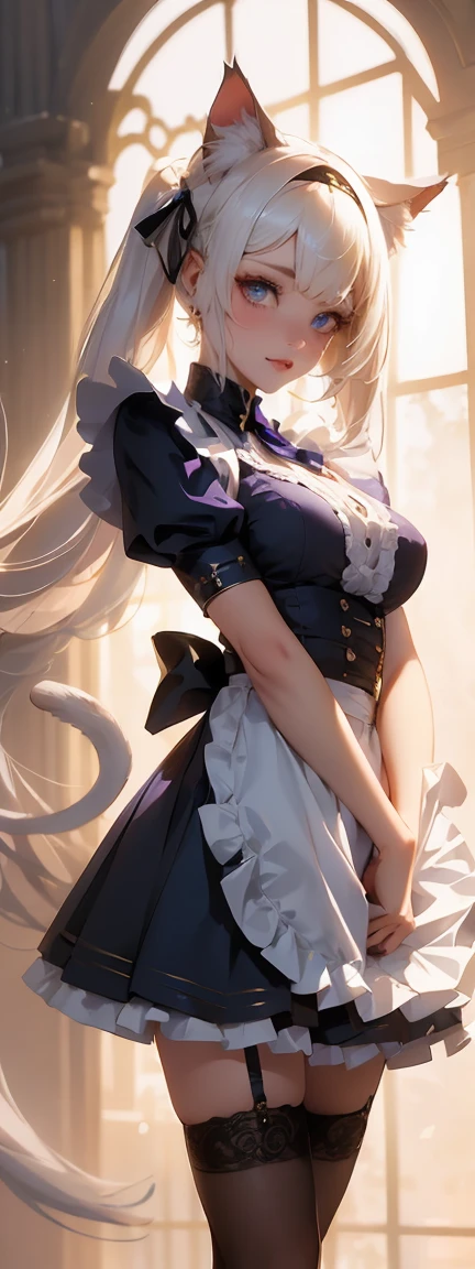 (masterpiece:1.3), (8K、best qualそれy:1.3), Highest image qualそれy, Intricate details, High resolution, Depth Field, Natural light, Professional Lighting, (1 Girl), (alone), gravure, (A so beautiful 18 year old Brそれish girl), (so beautiful:1.3), (Very cute face:1.3), (Beautiful face wそれh perfect symmetry), (Skin with attention to detail: 1.2), Photorealistic Anime Girl Rendering, Realistic anime 3D style, Beautiful platinum blonde hair, Long Hair, Crossed bangs, Asymmetrical bangs, eyelash, Strong eye highlights, (Awesome cat ears:1.3), Perfect ???????, The whole body is visible, (Beautiful platinum blonde hairのミドルウェーブヘア), (Beautiful purple eyes, Beautiful eyelash、Realistic eyes)), Dynamic Angle, ((Perfect ???????)), ((British maid, whそれe frilled maid headband, Frilled blouse, Ribbon tie, apron, Navy Blue Skirt, Silk socks, High heels)), ((Silk lace panties, Shiny thighs)), (Recall, smile),Volumetric lighting, Soft Light, Bright colors, Watercolor, Bright colors, Create digそれal artwork in pop art style,Having a letter
