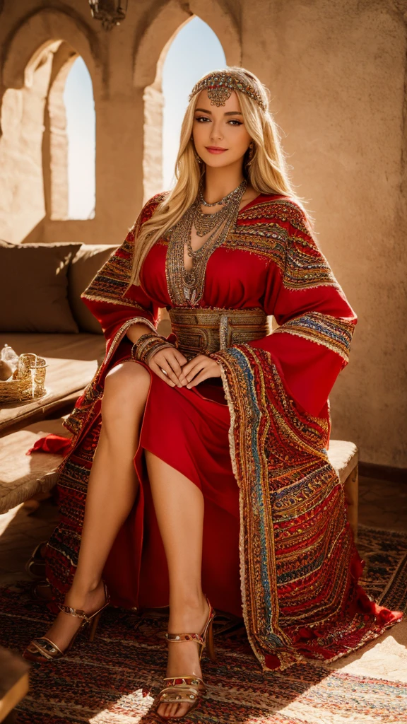 Most beautiful german blonde lady, wearing kabyle robe, kabyledress, amazigh, berber, kabyle outfit, bijoux, luxurious house background, realistic,4k, professional, red, 