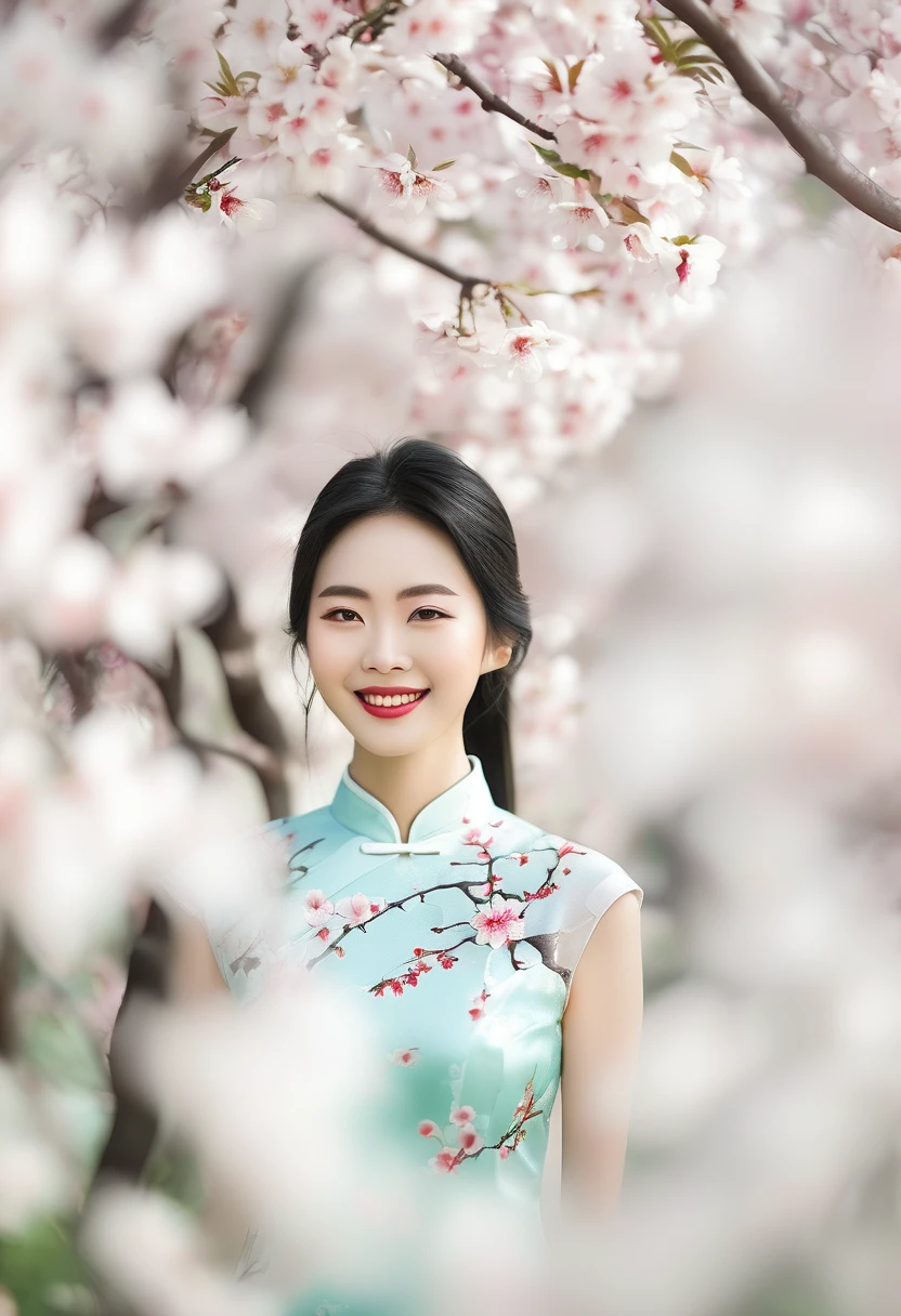 Chinese Beauty，Black long hair，Smile，Light cheongsam，Under the cherry trees，Michal Katz Style，Soft colors，photography，4K