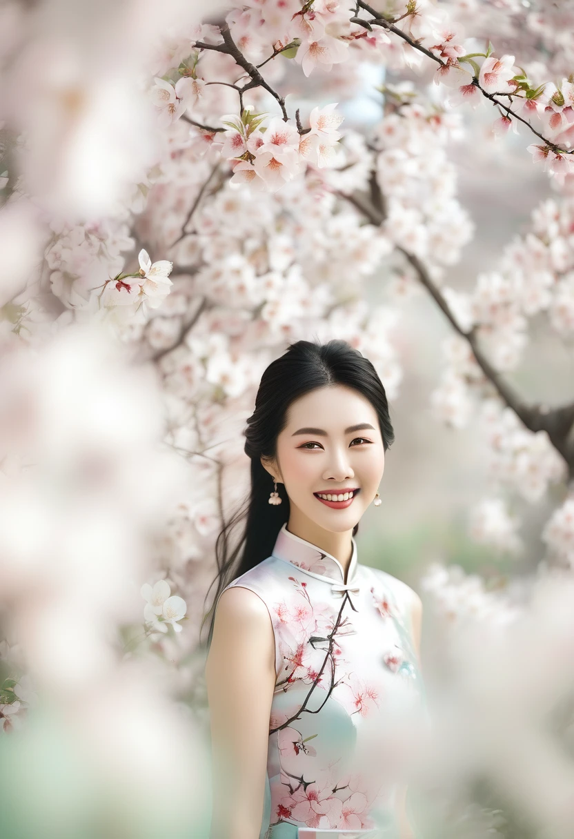 Chinese Beauty，Black long hair，Smile，Light cheongsam，Under the cherry trees，Michal Katz Style，Soft colors，photography，4K