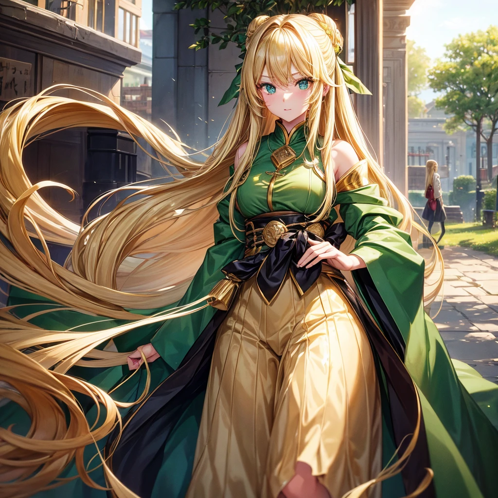 long blonde hair，green eyes，Girl，big、金の鎧