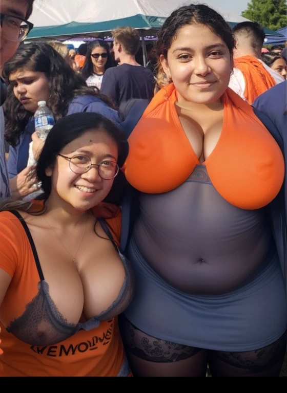 several people are posing for a picture in front of a crowd, profile pic, profile picture, very very low quality picture, having a great time, group photo, with the sun shining on it, hundreds of them, over-shoulder shot, pictured from the shoulders up, karla ortiz, center of picture, wearing an orange t shirt, discovered photo, Big tits, huge tits, no clothes, sexy, cute, minimal clothes, thick, bbw, chubby stomach, thick nipples, nipple piercings, large areola, hard nipples, piercing through shirt, nipples hard through shirt, busty, major cleavage, naked, ripping through top, spilling over sides, bra too tight, giant tits, extra wide hips, upper body zoom in, showing off huge , fat stomach, see through top, fat bbw, large areola showing, major cleavage, latina, down to stomach, wide hips, sexy, upper body zoom, thick arm, showing off , top half only, showing only upper, height difference, down to waist, tall and short girls, belly worship, worship, touching each other sexy, touch other sexy style, tall and short standing next to each other, two thicc girls different heights, no pants, touching , twerk together, height difference while naked
