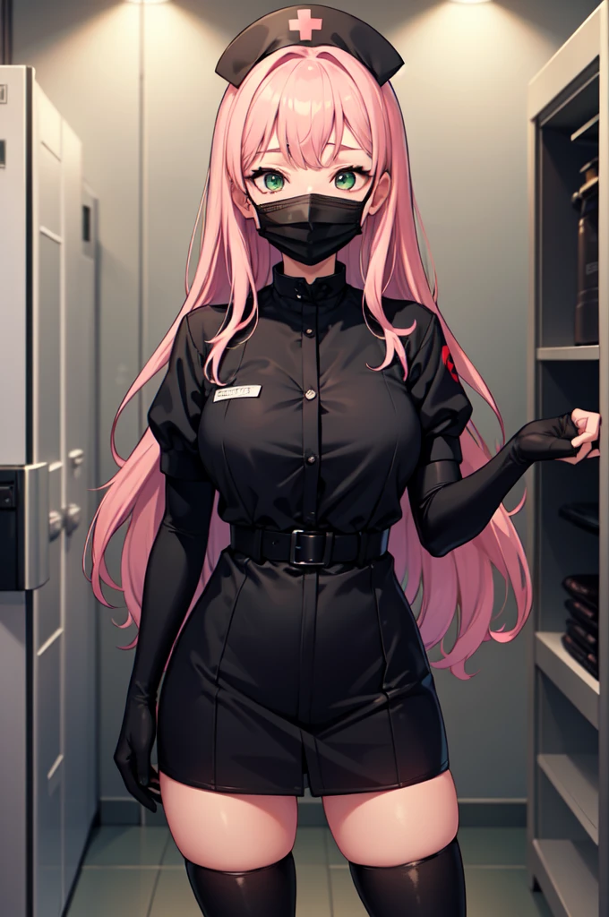black nurse, 1woman, solo, black nurse cap, black nurse uniform, ((black legwear, zettai ryouiki)), black elbow gloves, pink hair, green eyes, drooping eyes, ((black surgical mask, covered nose)), standing, ((surgery room)), sharp outline, short sleeves, mature female, 32 years old, best quality, masterpiece