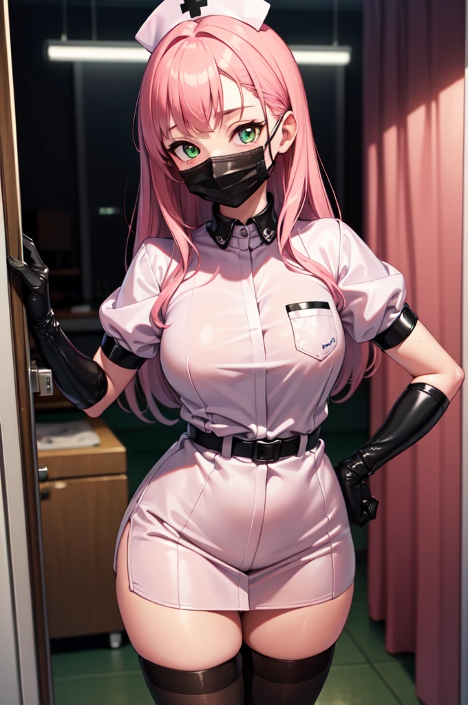 black nurse, 1woman, solo, black nurse cap, black nurse uniform, ((black legwear, zettai ryouiki)), black elbow gloves, pink hair, green eyes, drooping eyes, ((black surgical mask, covered nose)), standing, ((surgery room)), sharp outline, short sleeves, mature female, 32 years old, best quality, masterpiece