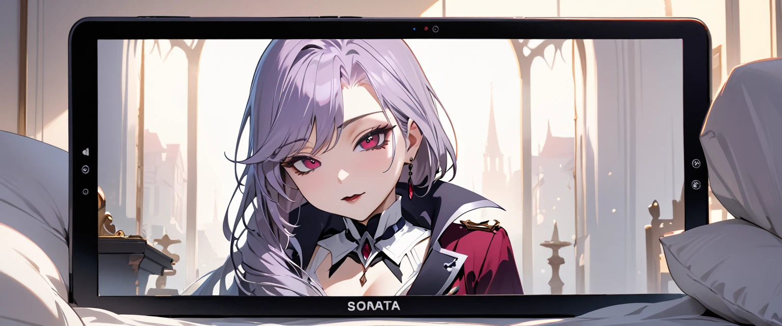 (masterpiece, best quality:1.2), 1girl, solo, Sonata, vampire, purple hair, in hads white tablet screen to viewer