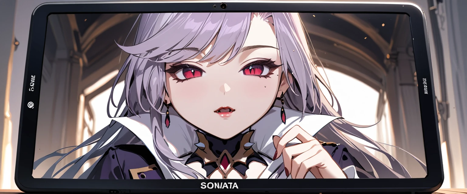 (masterpiece, best quality:1.2), 1girl, solo, Sonata, vampire, purple hair, in hads white tablet screen to viewer