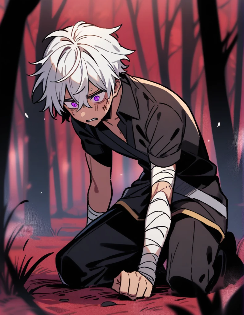 young black boy with white hair, violet eyes, kneeling on the ground in a red forest, with his fists bandaged and bloodied with an expression of pain