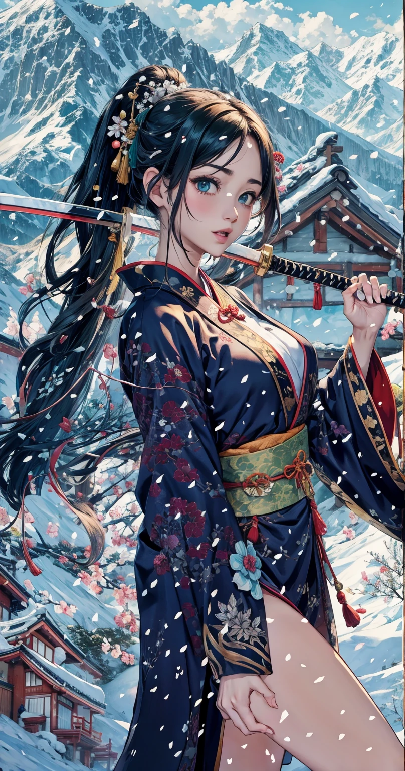 cute、Snow Mountain、Japanese House、He has a Japanese sword in his left hand.、Dark green kimono、Exposing thighs、that&#39;it&#39;s snowing、silver world、Yellow-green floral kimono、The Japanese sword in his left hand shines brightly..、Japanese swords are long、The Japanese sword in his right hand is connected behind his head..