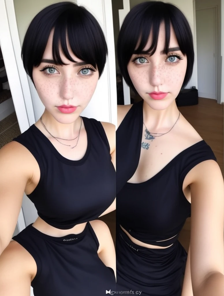 front camera selfie female xxddxx freckles blue eyes pixie hair cut shirtlift,black hair, huge boobs,black hair,profile picture style, sad expression