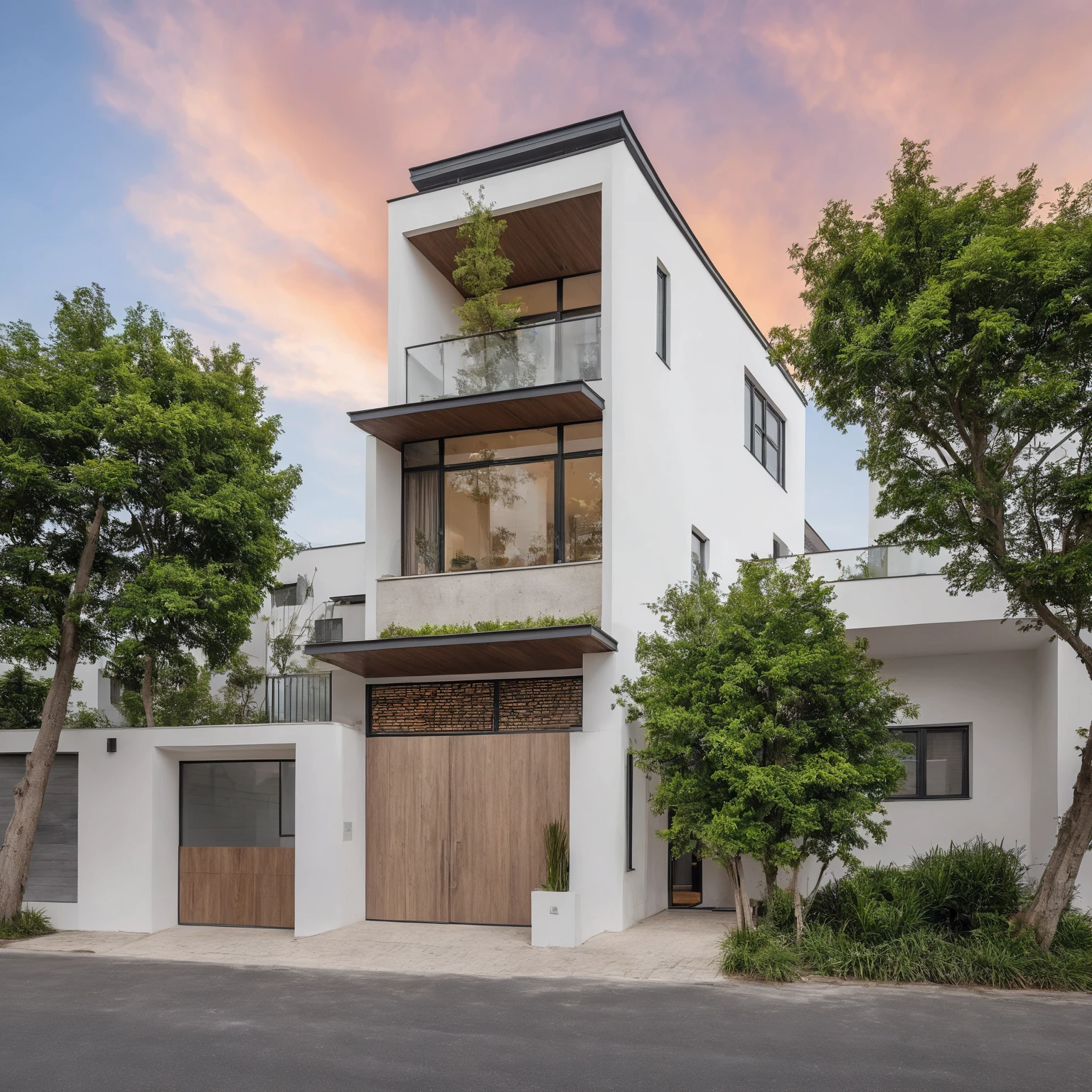 Masterpiece, high quality, best quality, authentic, super detail, outdoors, house style modern, bietthuhn, white wall, glass windows, gate road, pavement, grass, trees, Beautiful_sky, SUNSET, (day:1.1), realistic lighting