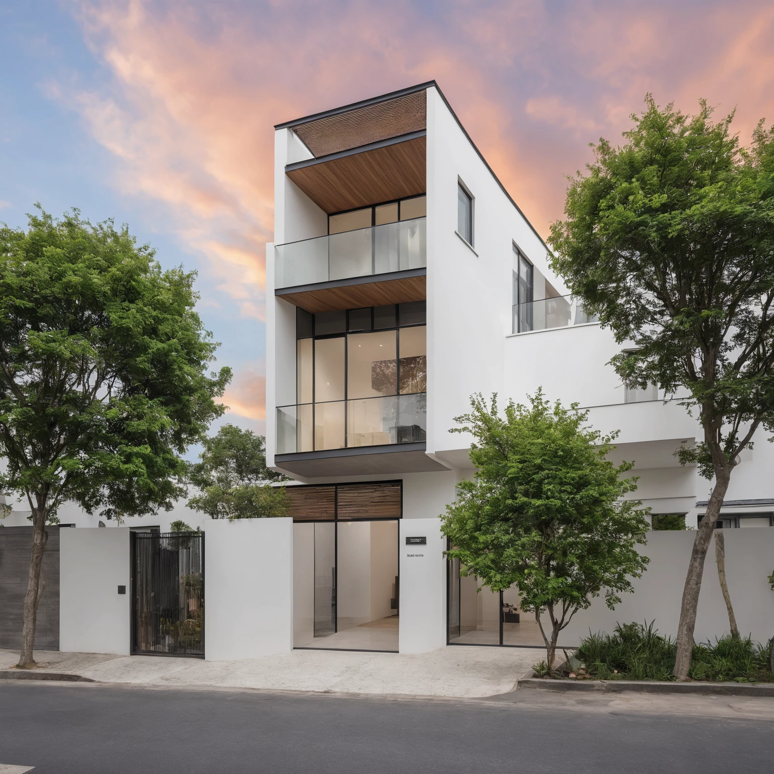 Masterpiece, high quality, best quality, authentic, super detail, outdoors, house style modern, bietthuhn, white wall, glass windows, gate road, pavement, grass, trees, Beautiful_sky, SUNSET, (day:1.1), realistic lighting