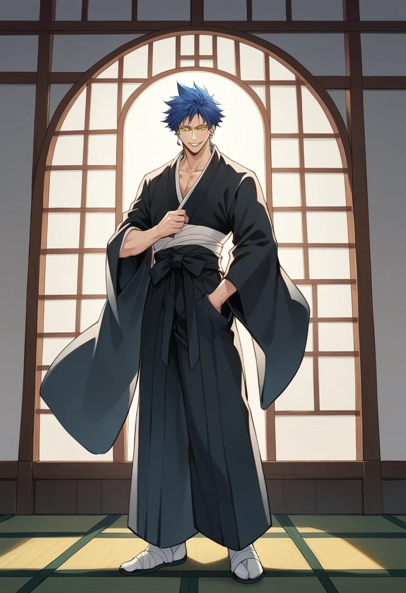 (masterpiece, Highest quality),One boy,Earrings, Blue Hair, (Yellow Eyes: 1.2), Black_Mayuri\(bleach\), Pale skin,White, Black Hakama,Long sleeve, Japanese style clothing,Are standing, Male full body arch,Wicked Smile,Opening a window,or