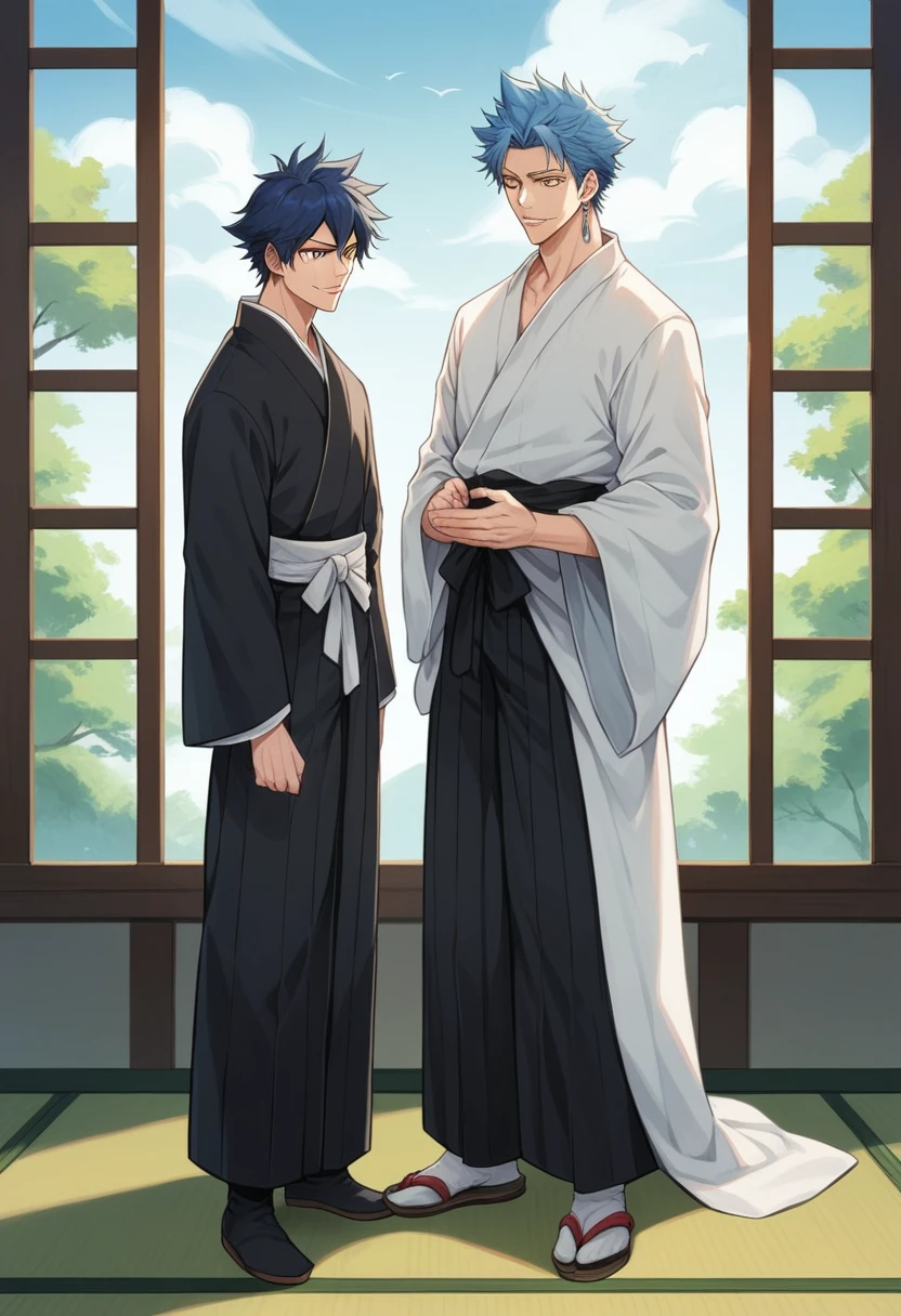 (masterpiece, Highest quality),One boy,Earrings, Blue Hair, (Yellow Eyes: 1.2), Black_Mayuri\(bleach\), Pale skin,White, Black Hakama,Long sleeve, Japanese style clothing,Are standing, Male full body arch,Wicked Smile,Opening a window,or