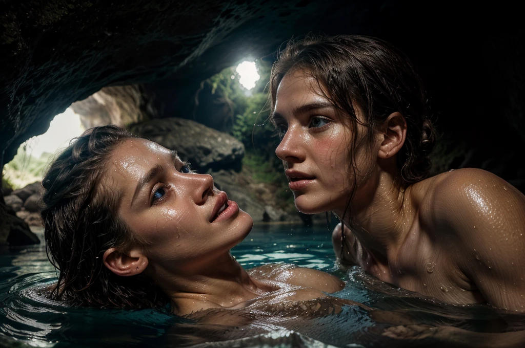 young white guy holding young white female, in a cave air pocket above an underground river, shoulders and above out of the water, no sunlight, no surface vegetation, iridescent glowing fungi lighting, realistic, hyper realistic, photo realistic, beautiful faces, nordic faces, detailed eyes, close-up, intimate, romantic mood, out of breath, relieved expressions, looking at each other, wet hair, wet bodies from swimming